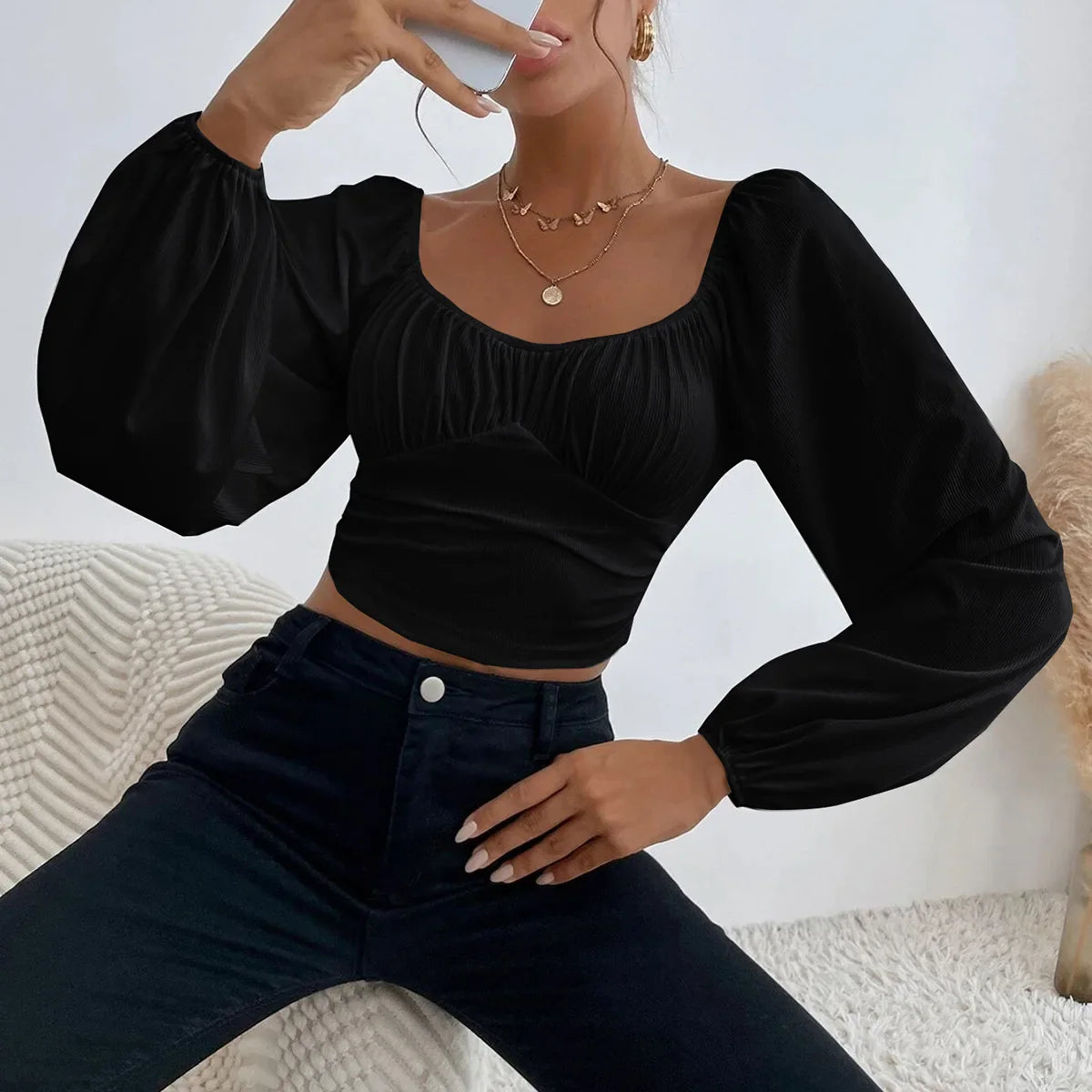 Women's Boho Ruched Sweetheart Neck Lantern Sleeve Black Slim Crop Top Summer Blouse Stylish Korean Tee Shirt