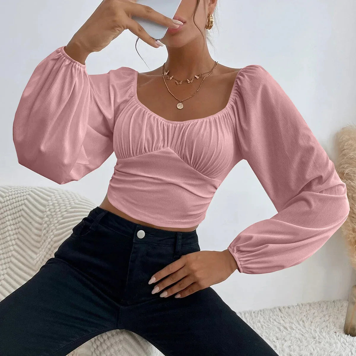 Women's Boho Ruched Sweetheart Neck Lantern Sleeve Black Slim Crop Top Summer Blouse Stylish Korean Tee Shirt