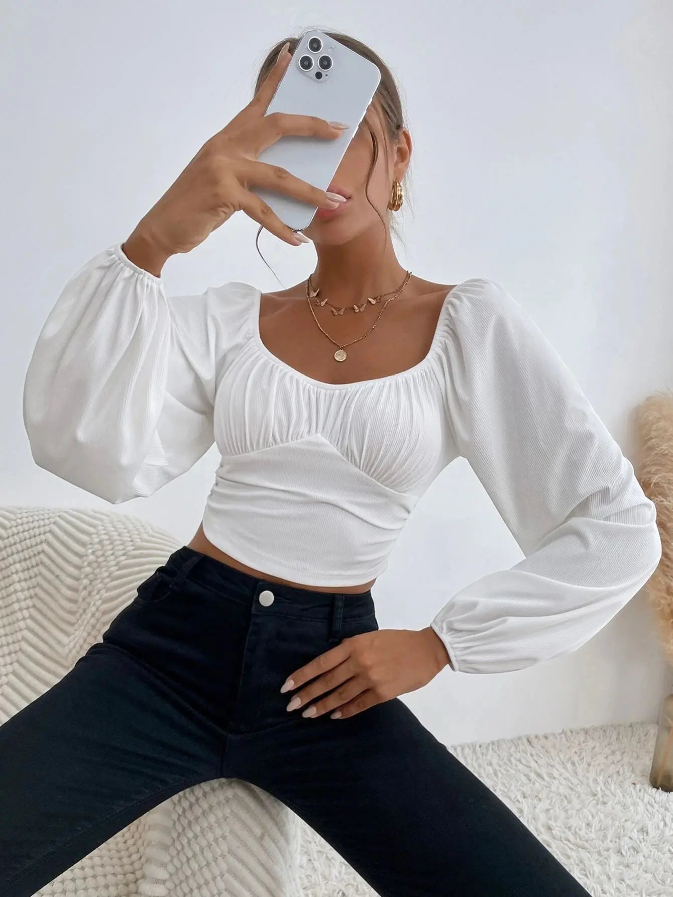 Women's Boho Ruched Sweetheart Neck Lantern Sleeve Black Slim Crop Top Summer Blouse Stylish Korean Tee Shirt