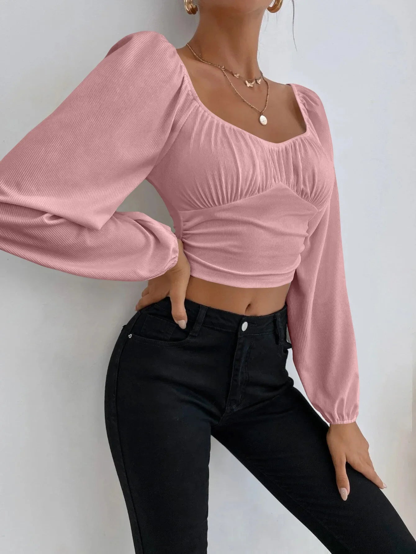 Women's Boho Ruched Sweetheart Neck Lantern Sleeve Black Slim Crop Top Summer Blouse Stylish Korean Tee Shirt