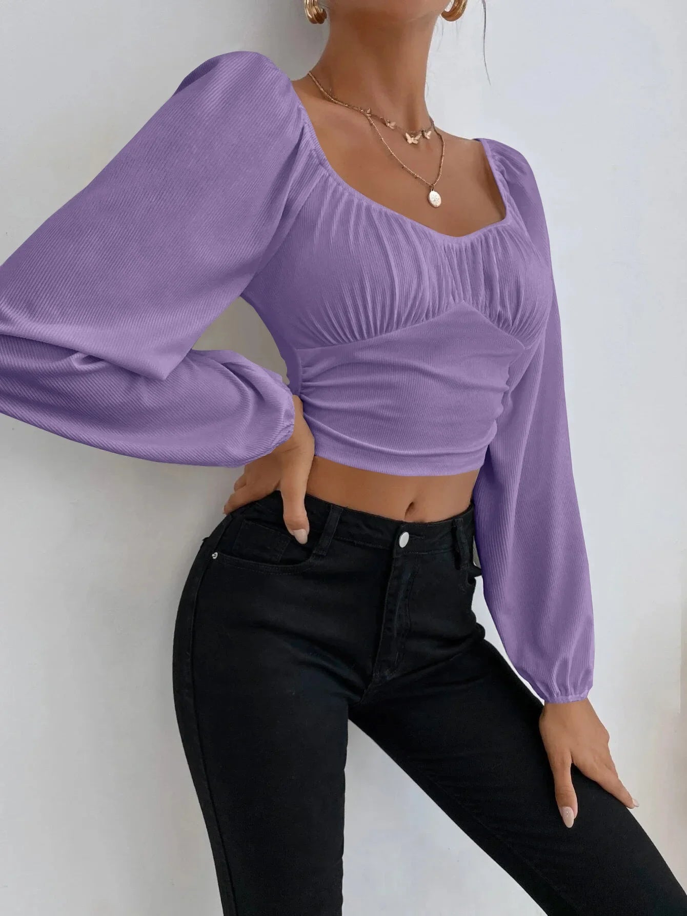 Women's Boho Ruched Sweetheart Neck Lantern Sleeve Black Slim Crop Top Summer Blouse Stylish Korean Tee Shirt