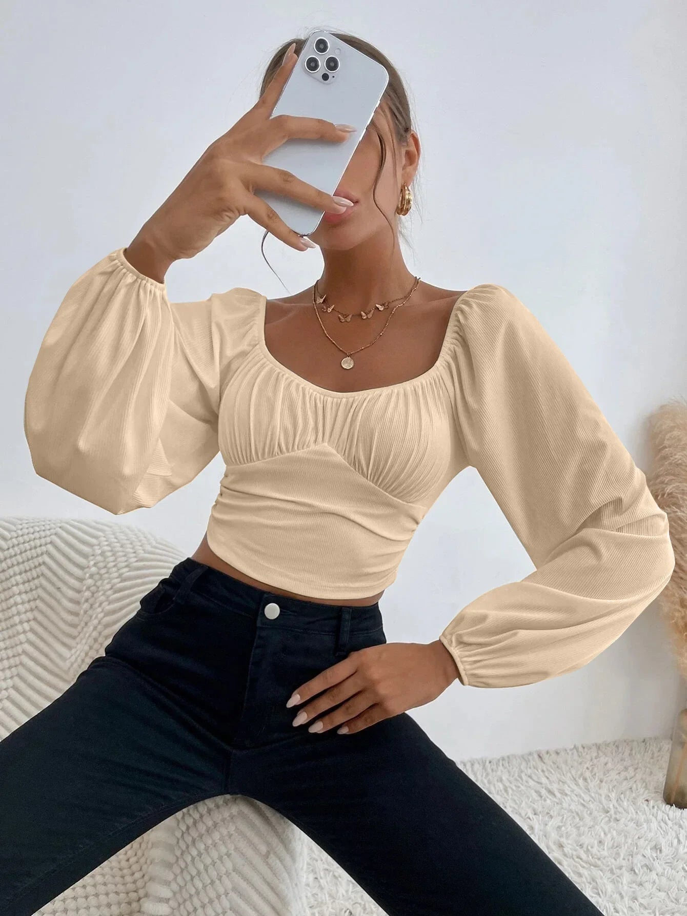 Women's Boho Ruched Sweetheart Neck Lantern Sleeve Black Slim Crop Top Summer Blouse Stylish Korean Tee Shirt