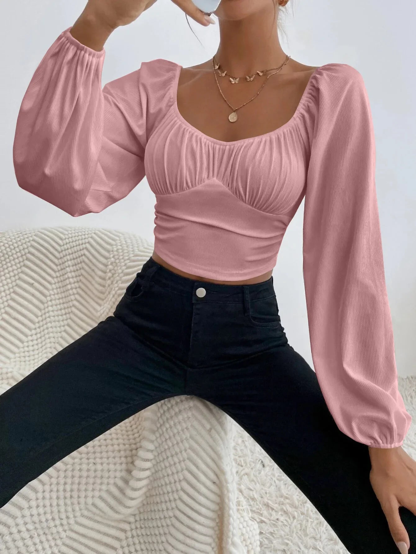 Women's Boho Ruched Sweetheart Neck Lantern Sleeve Black Slim Crop Top Summer Blouse Stylish Korean Tee Shirt