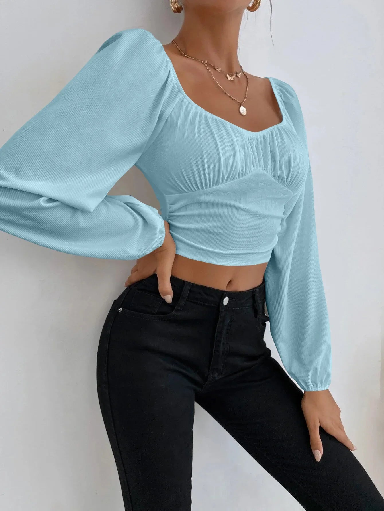 Women's Boho Ruched Sweetheart Neck Lantern Sleeve Black Slim Crop Top Summer Blouse Stylish Korean Tee Shirt