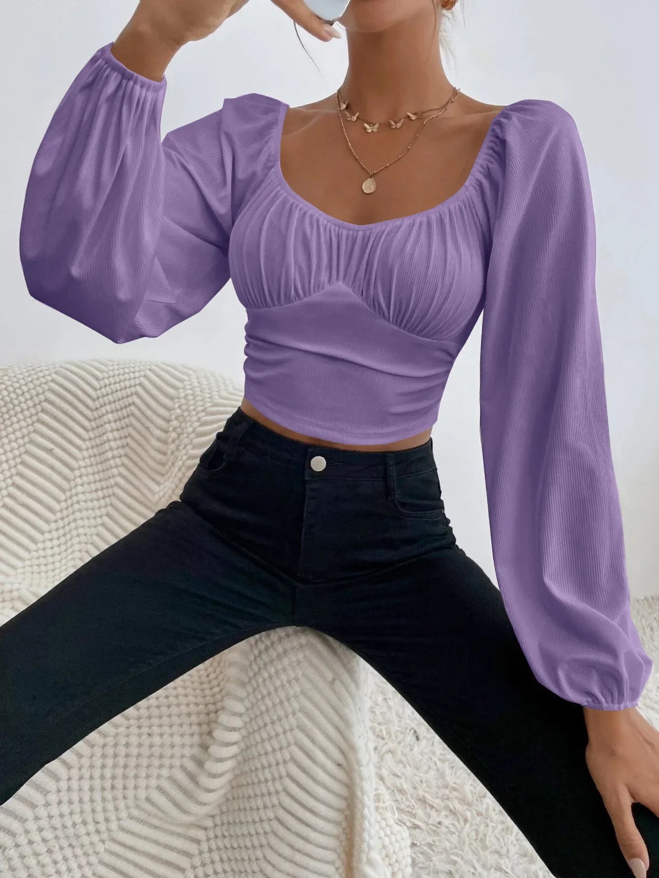 Women's Boho Ruched Sweetheart Neck Lantern Sleeve Black Slim Crop Top Summer Blouse Stylish Korean Tee Shirt