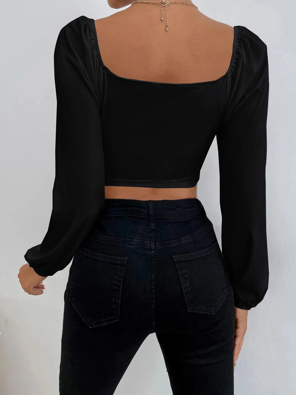 Women's Boho Ruched Sweetheart Neck Lantern Sleeve Black Slim Crop Top Summer Blouse Stylish Korean Tee Shirt