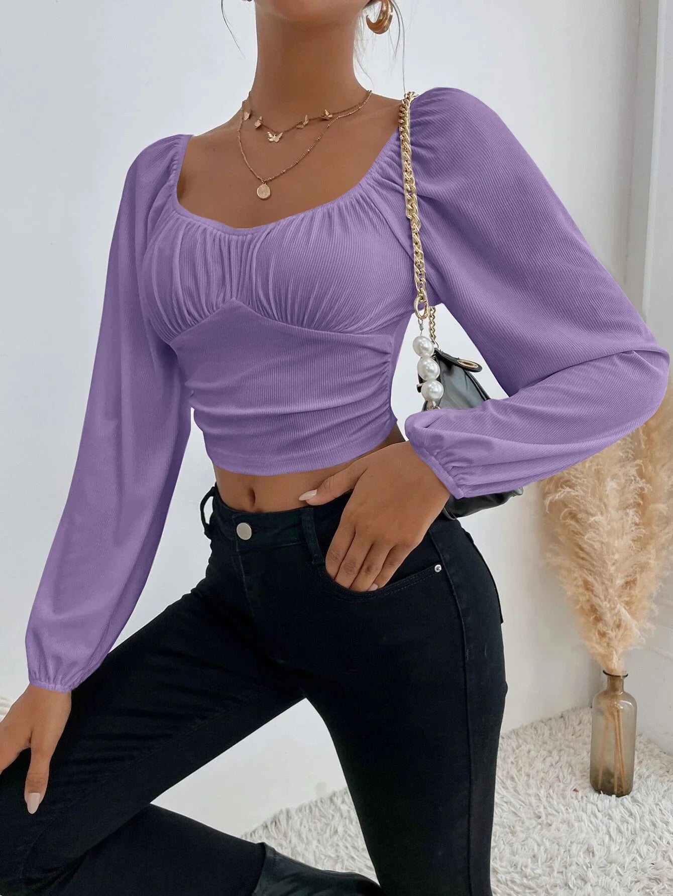 Women's Boho Ruched Sweetheart Neck Lantern Sleeve Black Slim Crop Top Summer Blouse Stylish Korean Tee Shirt