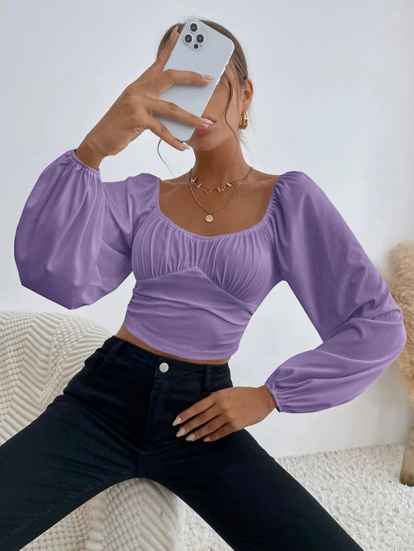 Women's Boho Ruched Sweetheart Neck Lantern Sleeve Black Slim Crop Top Summer Blouse Stylish Korean Tee Shirt