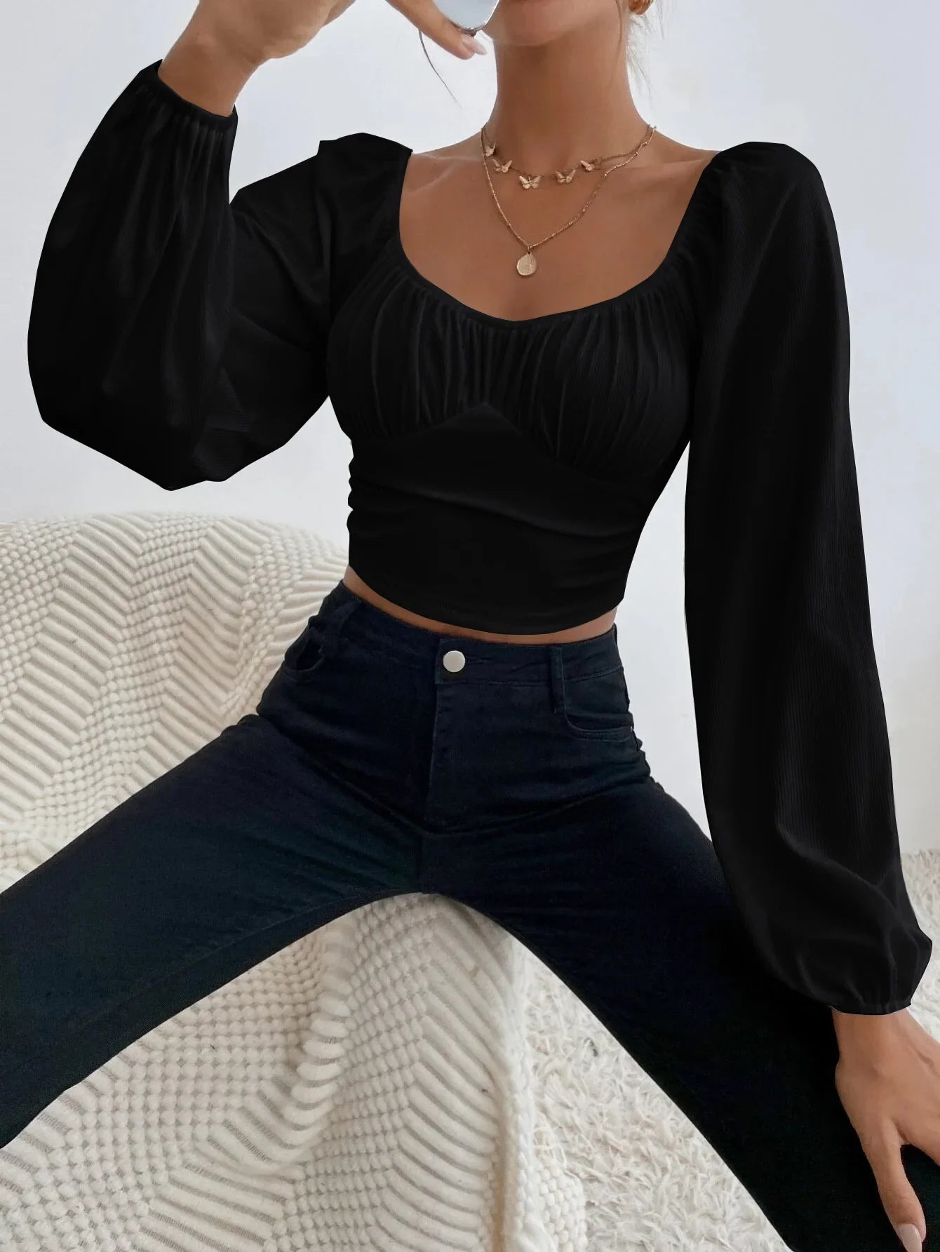 Women's Boho Ruched Sweetheart Neck Lantern Sleeve Black Slim Crop Top Summer Blouse Stylish Korean Tee Shirt