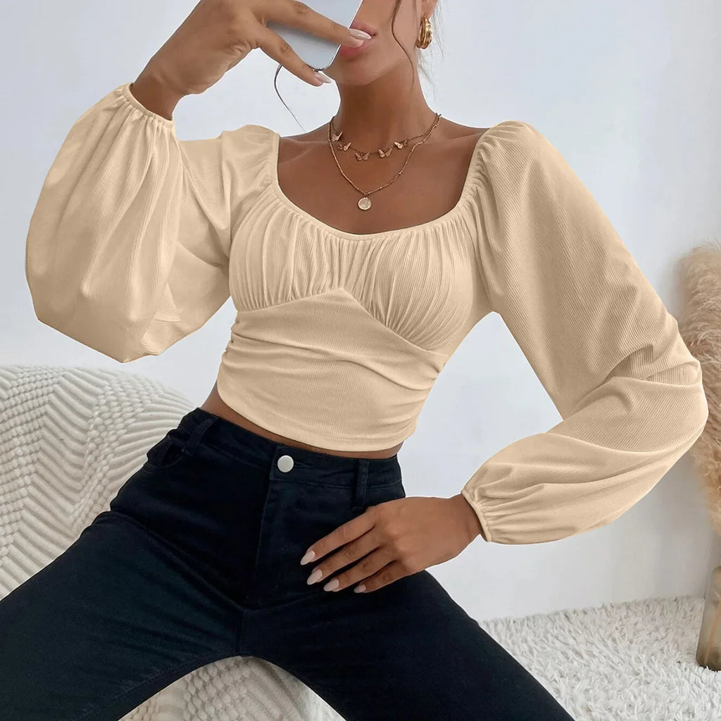 Women's Boho Ruched Sweetheart Neck Lantern Sleeve Black Slim Crop Top Summer Blouse Stylish Korean Tee Shirt