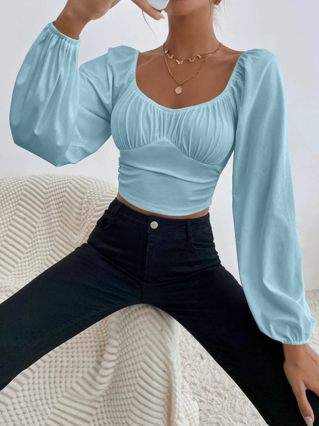 Women's Boho Ruched Sweetheart Neck Lantern Sleeve Black Slim Crop Top Summer Blouse Stylish Korean Tee Shirt