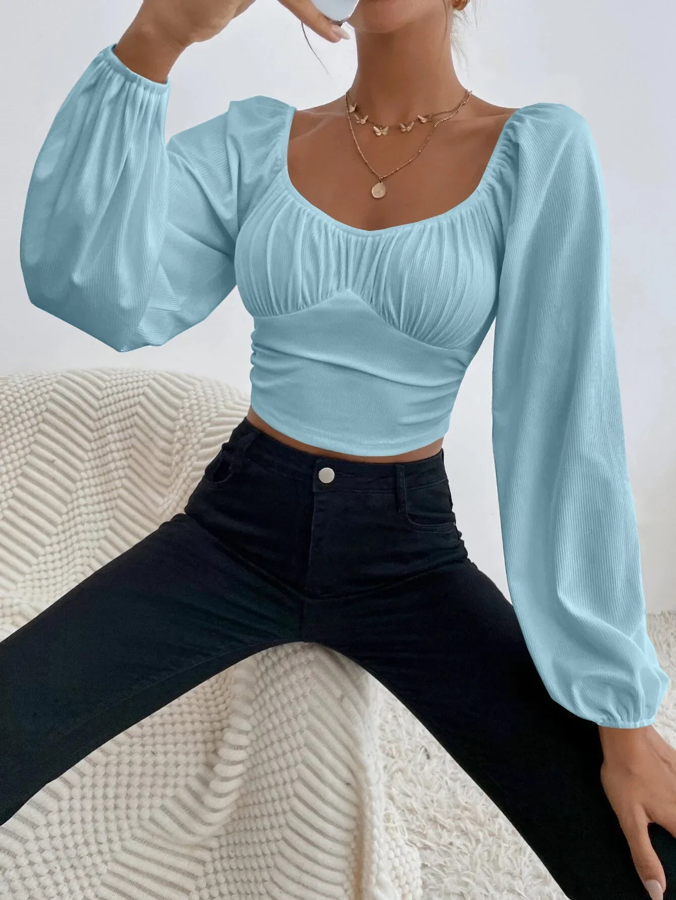 Women's Boho Ruched Sweetheart Neck Lantern Sleeve Black Slim Crop Top Summer Blouse Stylish Korean Tee Shirt