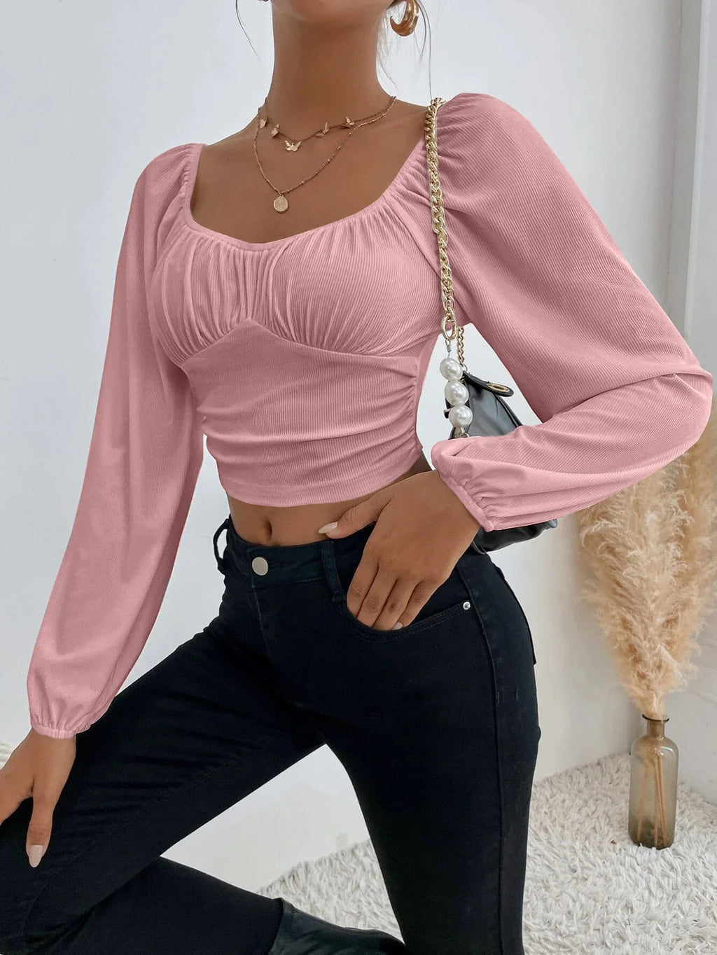 Women's Boho Ruched Sweetheart Neck Lantern Sleeve Black Slim Crop Top Summer Blouse Stylish Korean Tee Shirt