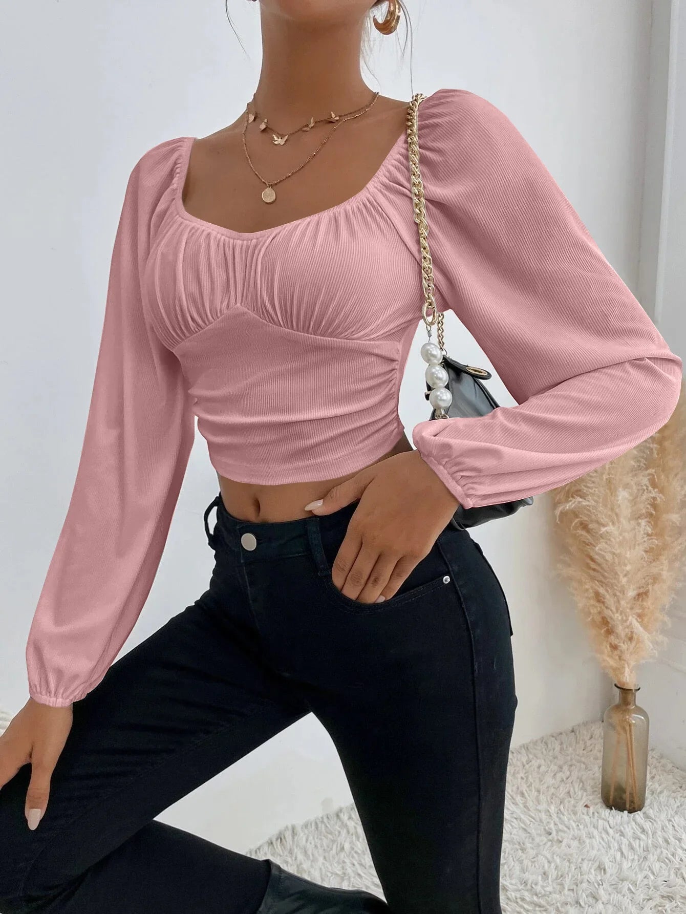 Women's Boho Ruched Sweetheart Neck Lantern Sleeve Black Slim Crop Top Summer Blouse Stylish Korean Tee Shirt