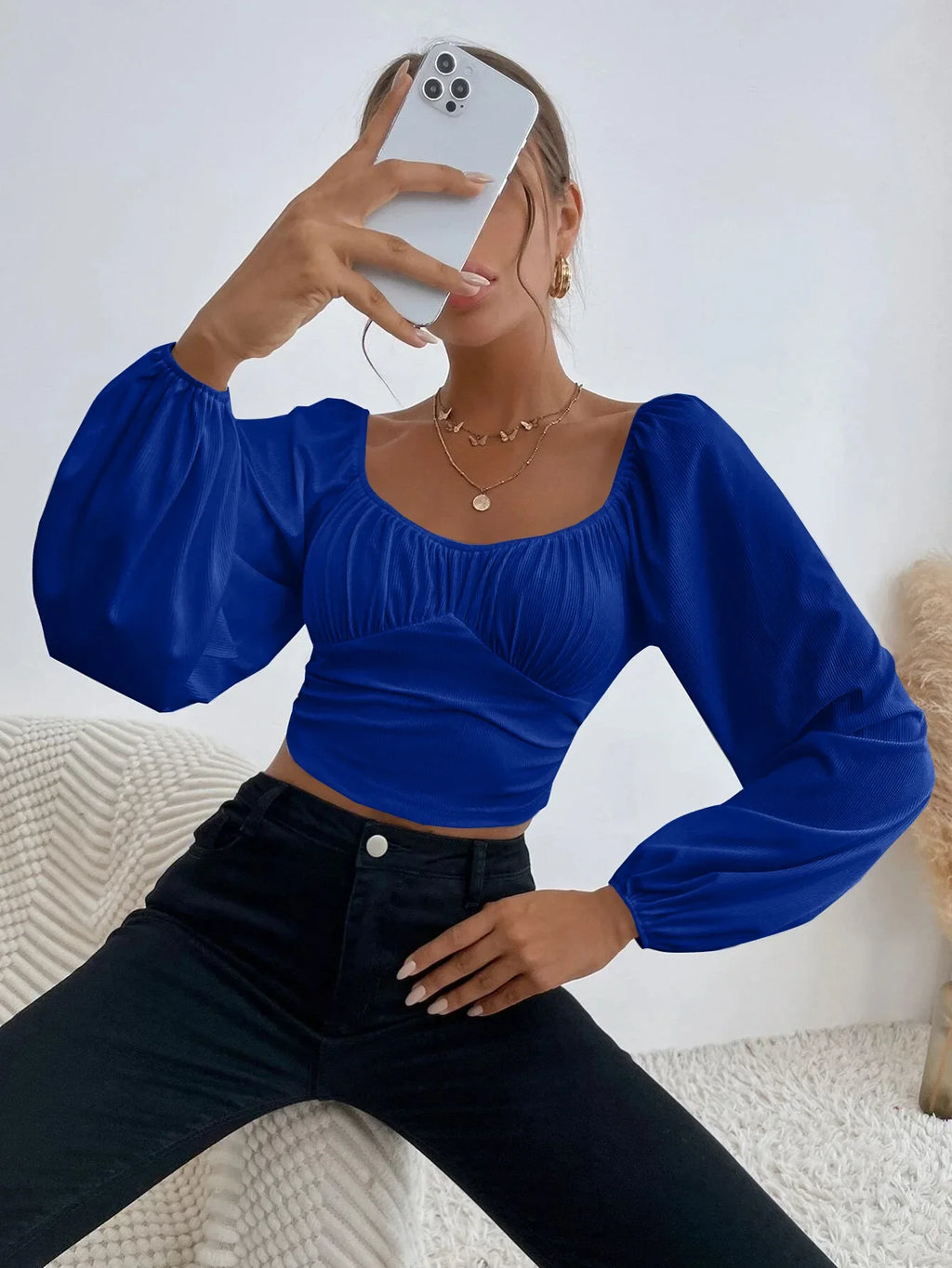Women's Boho Ruched Sweetheart Neck Lantern Sleeve Black Slim Crop Top Summer Blouse Stylish Korean Tee Shirt