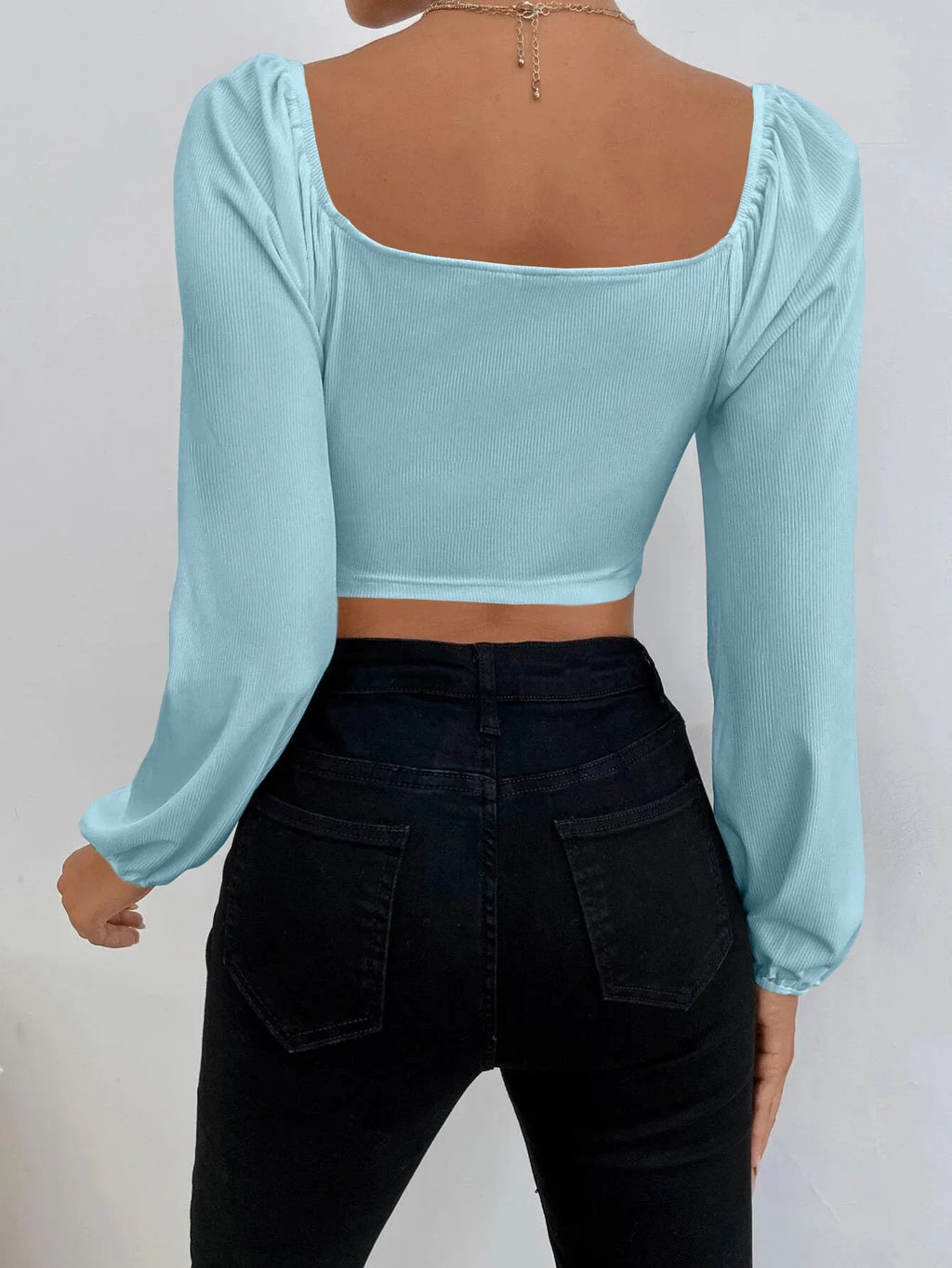 Women's Boho Ruched Sweetheart Neck Lantern Sleeve Black Slim Crop Top Summer Blouse Stylish Korean Tee Shirt