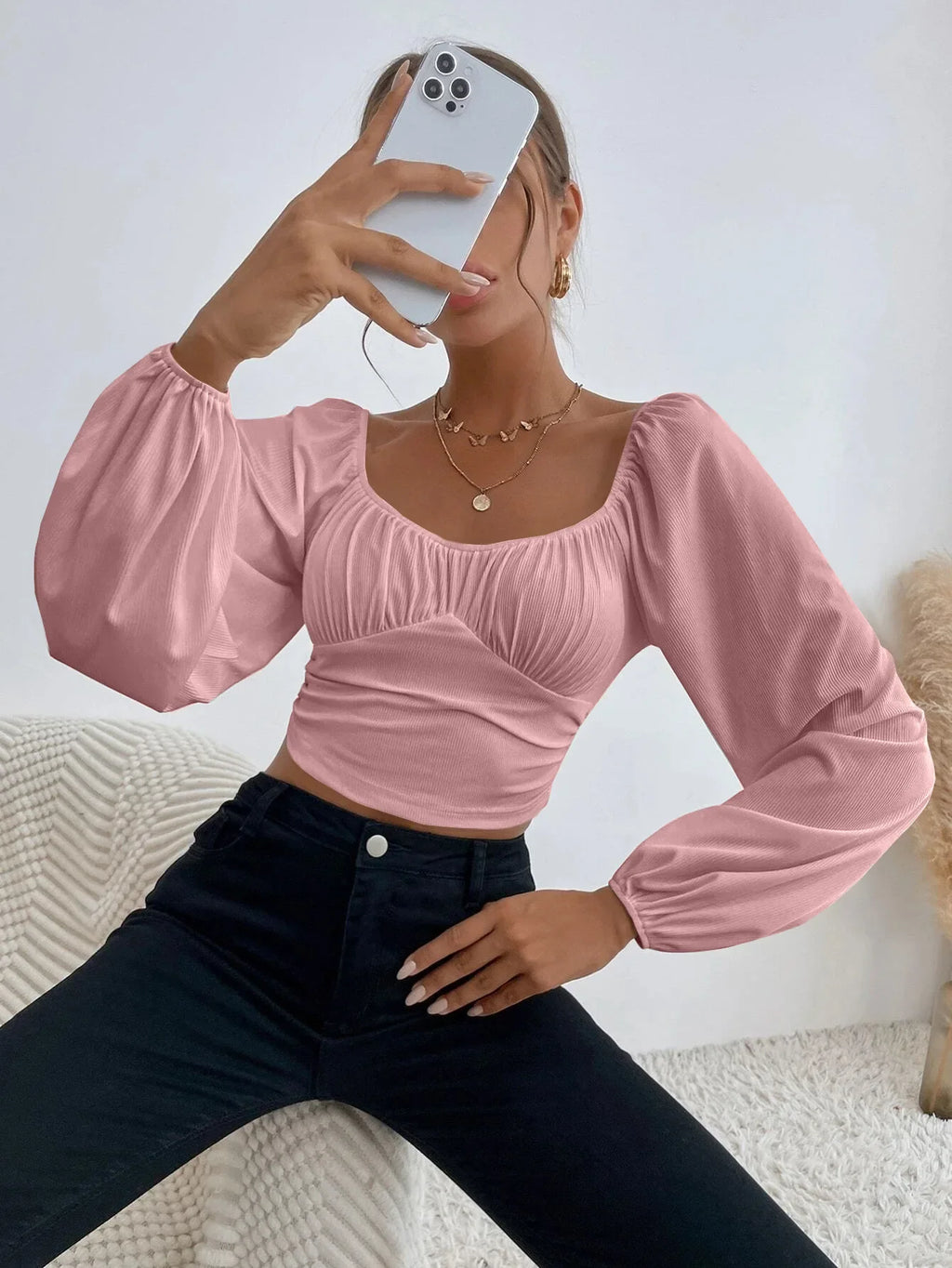 Women's Boho Ruched Sweetheart Neck Lantern Sleeve Black Slim Crop Top Summer Blouse Stylish Korean Tee Shirt