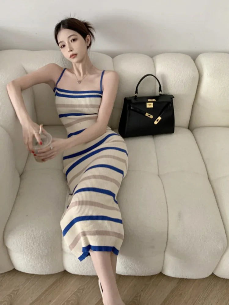 Elegant Sleeveless Camisole Dress for Women Summer Slim Knitted Striped Midi Dress