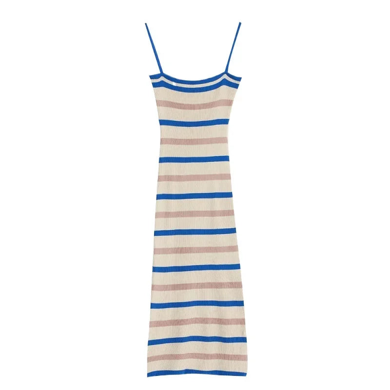 Elegant Sleeveless Camisole Dress for Women Summer Slim Knitted Striped Midi Dress