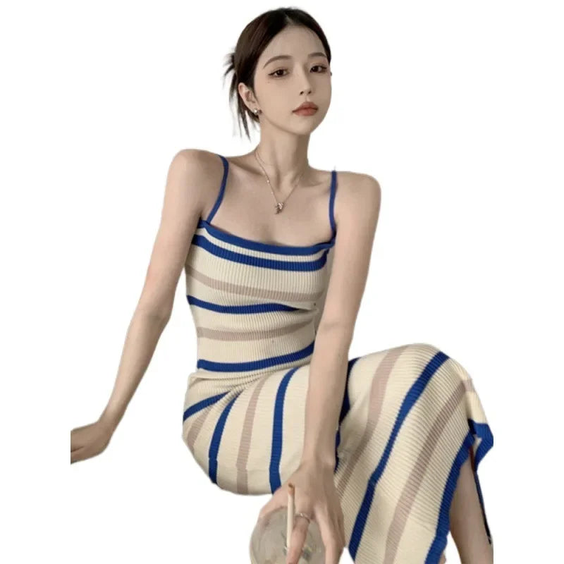 Elegant Sleeveless Camisole Dress for Women Summer Slim Knitted Striped Midi Dress