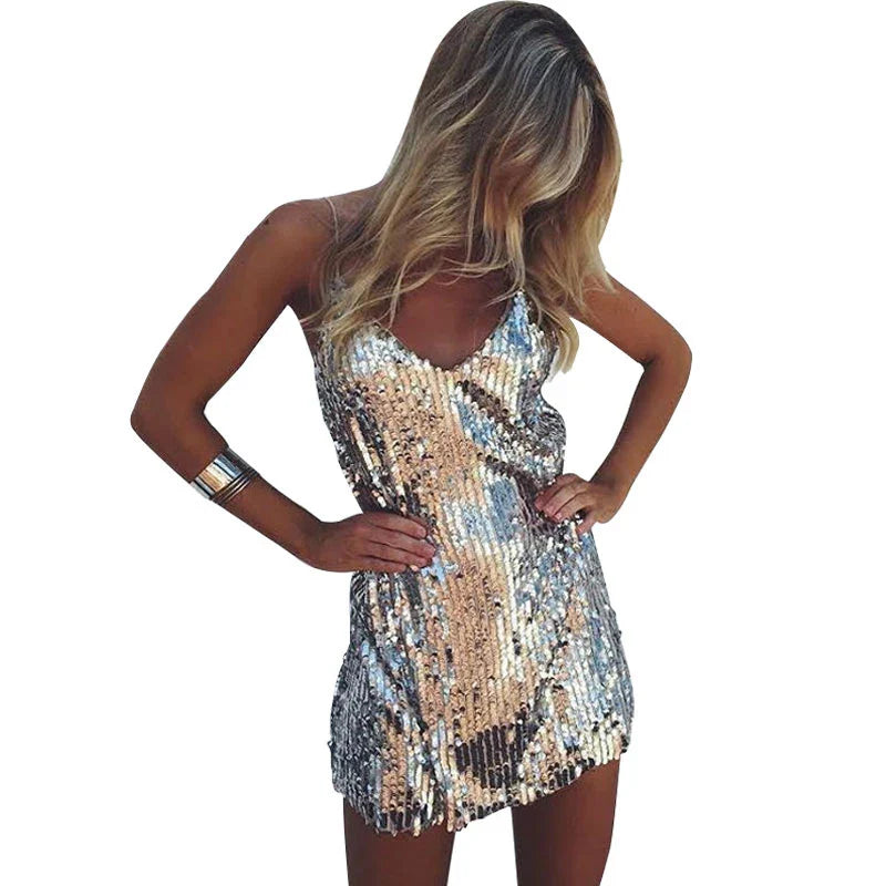 Deep V Neck Silver Sequined Backless Mini Dress for Women Off Shoulder Party Evening Wear Elegant Club Dress