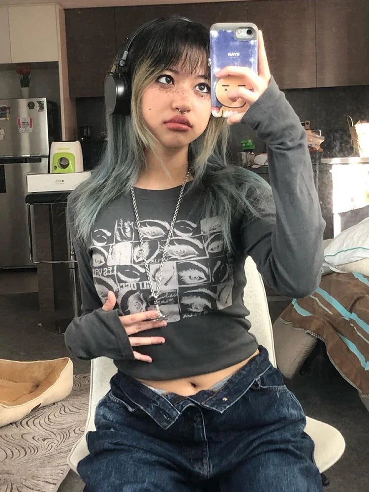Women Retro Eyes Print Slim Fit Long Sleeve Top Vintage Fairy Grunge Graphic Tee Indie Aesthetic Cyber Y2K Spring T-Shirt