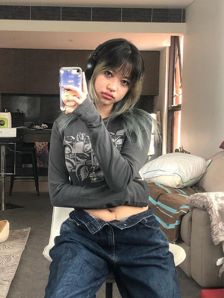 Women Retro Eyes Print Slim Fit Long Sleeve Top Vintage Fairy Grunge Graphic Tee Indie Aesthetic Cyber Y2K Spring T-Shirt