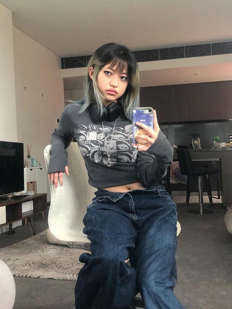 Women Retro Eyes Print Slim Fit Long Sleeve Top Vintage Fairy Grunge Graphic Tee Indie Aesthetic Cyber Y2K Spring T-Shirt