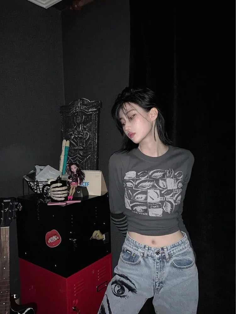 Women Retro Eyes Print Slim Fit Long Sleeve Top Vintage Fairy Grunge Graphic Tee Indie Aesthetic Cyber Y2K Spring T-Shirt