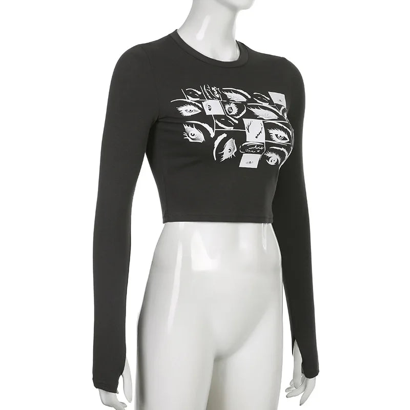 Women Retro Eyes Print Slim Fit Long Sleeve Top Vintage Fairy Grunge Graphic Tee Indie Aesthetic Cyber Y2K Spring T-Shirt