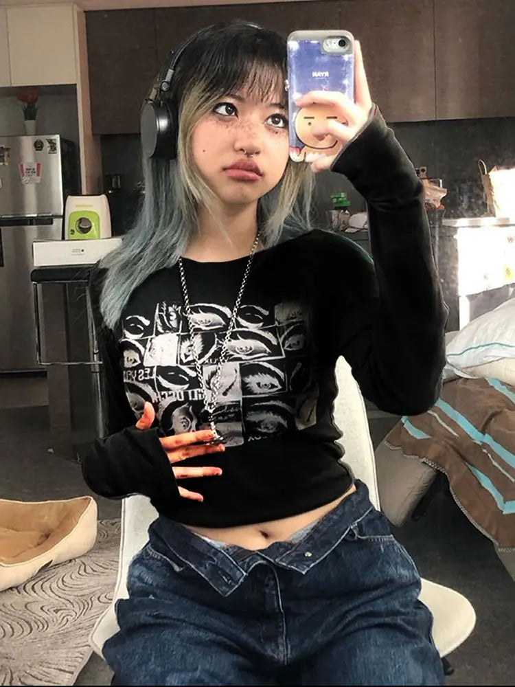 Women Retro Eyes Print Slim Fit Long Sleeve Top Vintage Fairy Grunge Graphic Tee Indie Aesthetic Cyber Y2K Spring T-Shirt