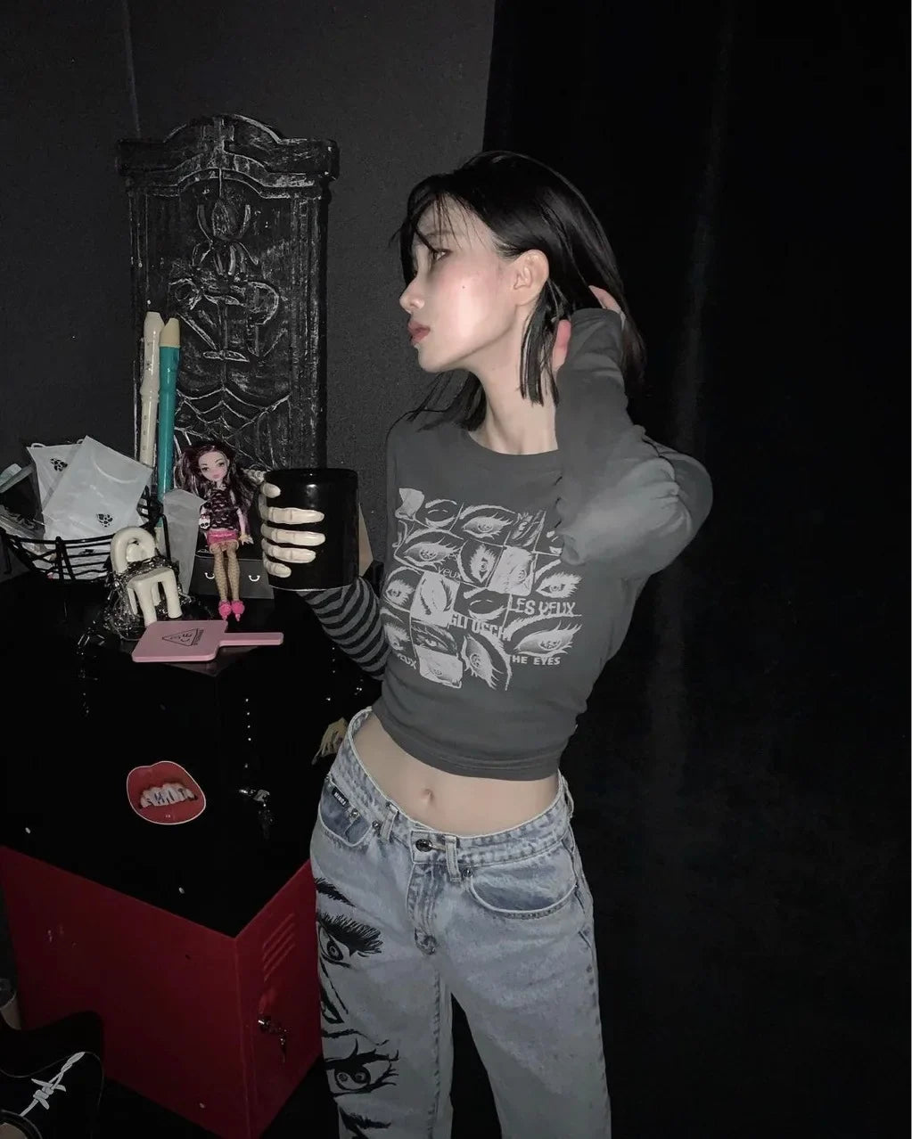 Women Retro Eyes Print Slim Fit Long Sleeve Top Vintage Fairy Grunge Graphic Tee Indie Aesthetic Cyber Y2K Spring T-Shirt