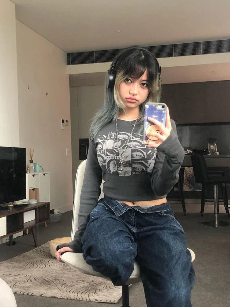 Women Retro Eyes Print Slim Fit Long Sleeve Top Vintage Fairy Grunge Graphic Tee Indie Aesthetic Cyber Y2K Spring T-Shirt