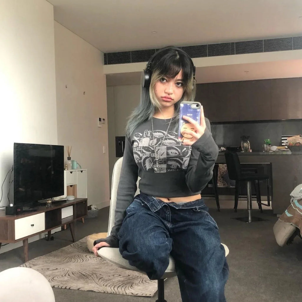 Women Retro Eyes Print Slim Fit Long Sleeve Top Vintage Fairy Grunge Graphic Tee Indie Aesthetic Cyber Y2K Spring T-Shirt