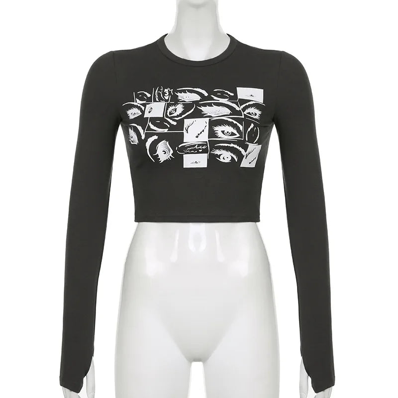 Women Retro Eyes Print Slim Fit Long Sleeve Top Vintage Fairy Grunge Graphic Tee Indie Aesthetic Cyber Y2K Spring T-Shirt
