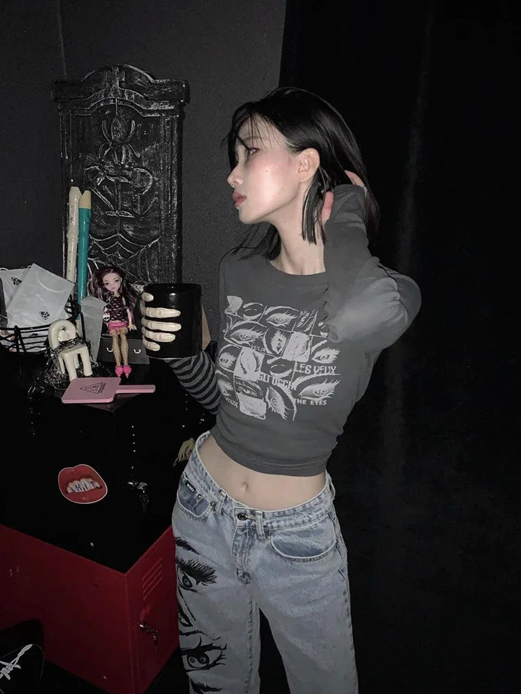 Women Retro Eyes Print Slim Fit Long Sleeve Top Vintage Fairy Grunge Graphic Tee Indie Aesthetic Cyber Y2K Spring T-Shirt