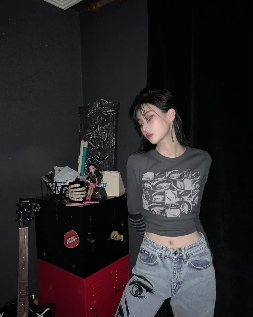 Women Retro Eyes Print Slim Fit Long Sleeve Top Vintage Fairy Grunge Graphic Tee Indie Aesthetic Cyber Y2K Spring T-Shirt