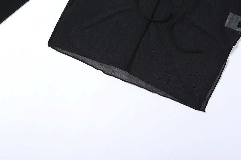 Sexy Lace Up V Neck Long Sleeve Black Mesh Crop Top Sheer Clubwear Blouse for Women