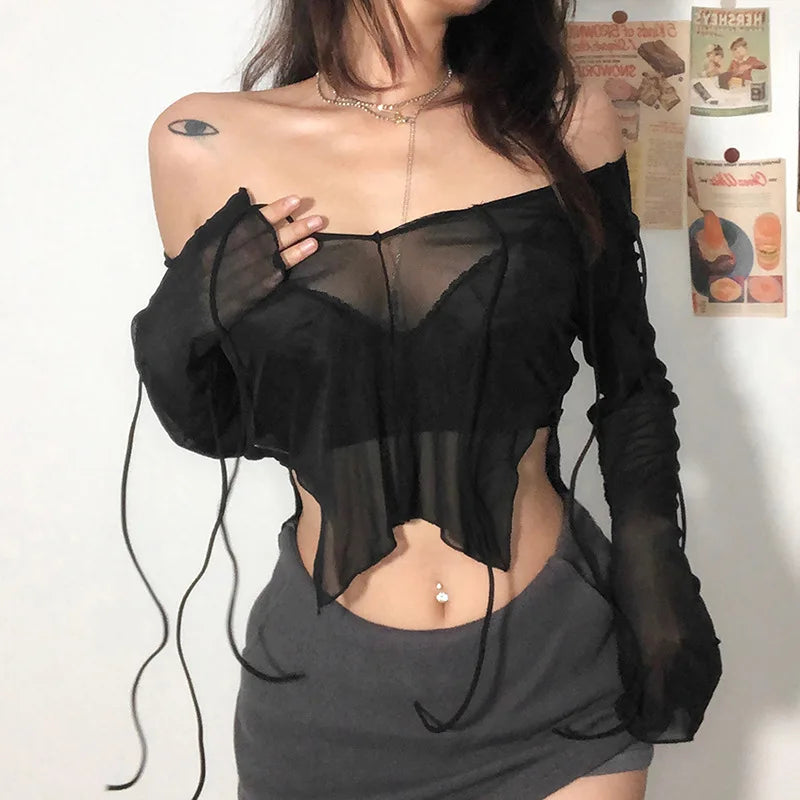 Sexy Lace Up V Neck Long Sleeve Black Mesh Crop Top Sheer Clubwear Blouse for Women