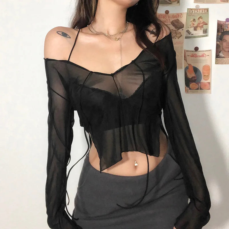 Sexy Lace Up V Neck Long Sleeve Black Mesh Crop Top Sheer Clubwear Blouse for Women