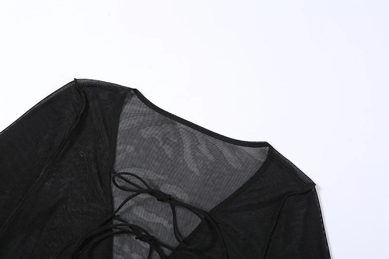 Sexy Lace Up V Neck Long Sleeve Black Mesh Crop Top Sheer Clubwear Blouse for Women