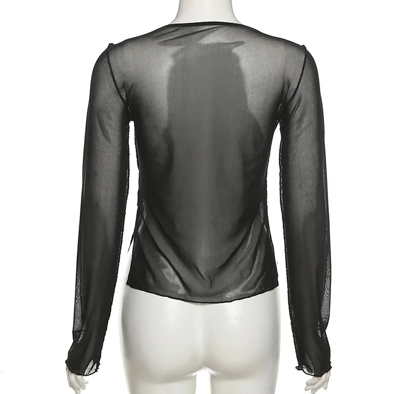 Sexy Lace Up V Neck Long Sleeve Black Mesh Crop Top Sheer Clubwear Blouse for Women