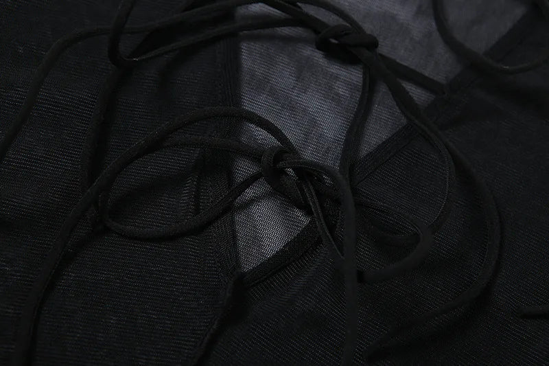 Sexy Lace Up V Neck Long Sleeve Black Mesh Crop Top Sheer Clubwear Blouse for Women