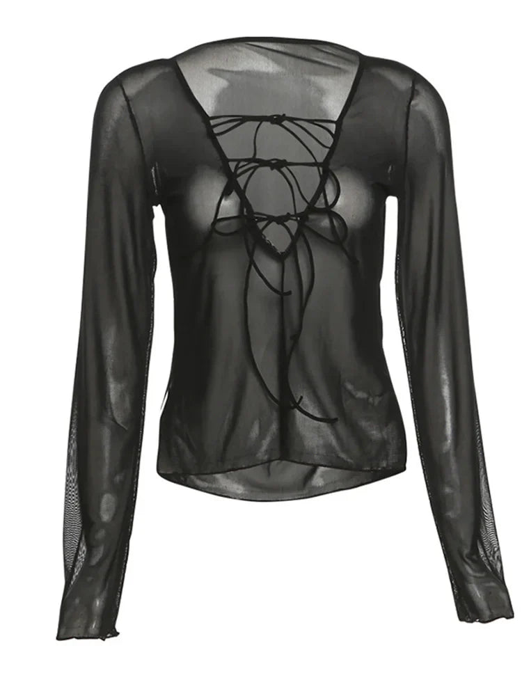 Sexy Lace Up V Neck Long Sleeve Black Mesh Crop Top Sheer Clubwear Blouse for Women