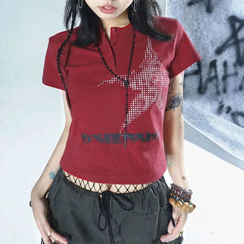 Harajuku Star Pattern Crop Top Womens Short Sleeve Round Neck Graphic Tee Y2K Streetwear Shirt