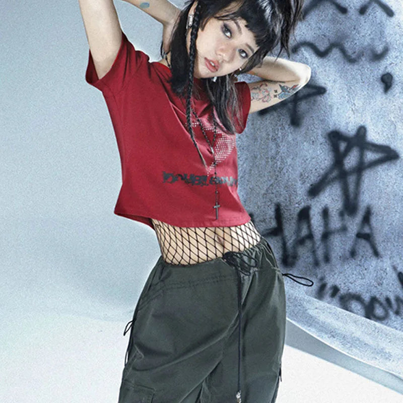 Harajuku Star Pattern Crop Top Womens Short Sleeve Round Neck Graphic Tee Y2K Streetwear Shirt