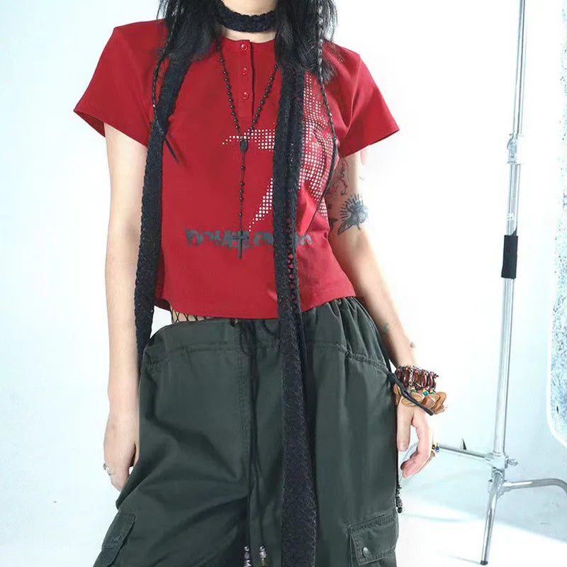Harajuku Star Pattern Crop Top Womens Short Sleeve Round Neck Graphic Tee Y2K Streetwear Shirt