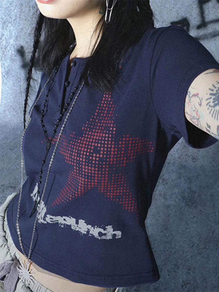 Harajuku Star Pattern Crop Top Womens Short Sleeve Round Neck Graphic Tee Y2K Streetwear Shirt