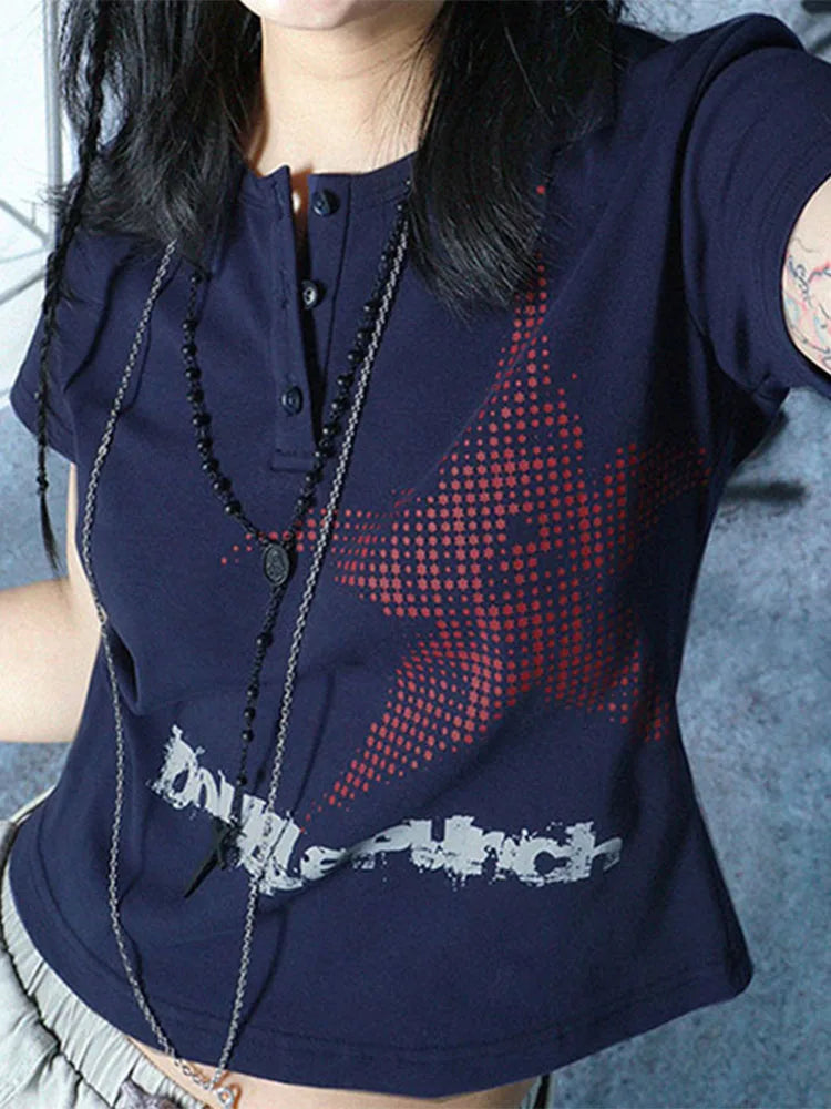 Harajuku Star Pattern Crop Top Womens Short Sleeve Round Neck Graphic Tee Y2K Streetwear Shirt
