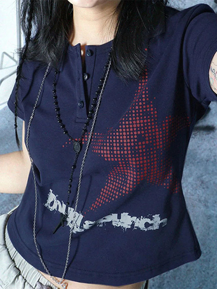 Harajuku Star Pattern Crop Top Womens Short Sleeve Round Neck Graphic Tee Y2K Streetwear Shirt
